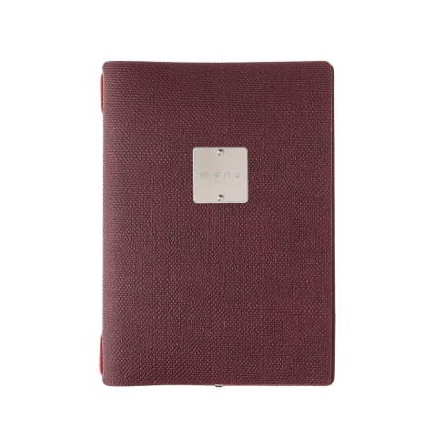 Porta Menu A5 (16,5x23,1 cm) etichetta METAL "menu" cornicetta (4 facciate) elastico rosso JUTA BORDEAUX