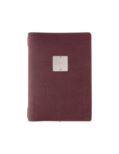 Porta Menu A5 (16,5x23,1 cm) etichetta METAL "personalizzata" (minimo 18 pezzi) cornicetta (4 facciate) elastico rosso JUTA BORD