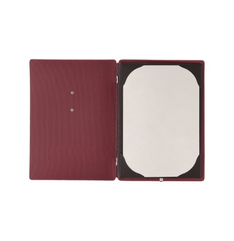 Porta Menu A5 (16,5x23,1 cm) etichetta METAL "personalizzata" (minimo 18 pezzi) cornicetta (4 facciate) elastico rosso JUTA BORD
