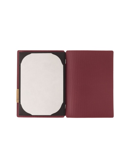 Porta Menu A5 (16,5x23,1 cm) etichetta METAL "personalizzata" (minimo 18 pezzi) cornicetta (4 facciate) elastico rosso JUTA BORD