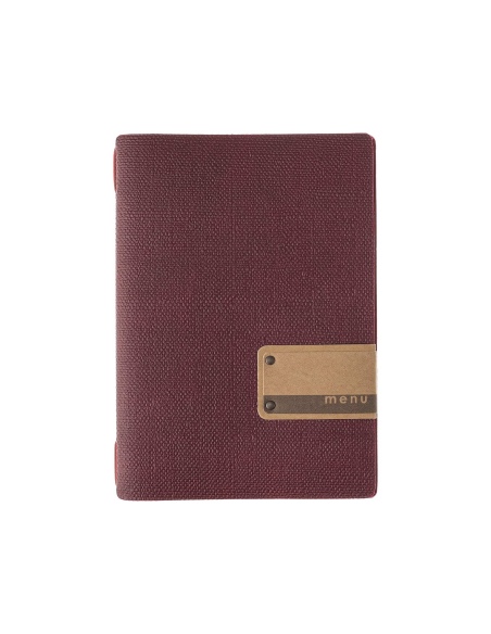 Porta Menu A5 (16,5x23,1 cm) etichetta PATCH "personalizzata" (minimo 18 pezzi) cornicetta (4 facciate) elastico rosso JUTA BORD