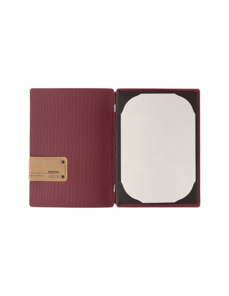 Porta Menu A5 (16,5x23,1 cm) etichetta PATCH "personalizzata" (minimo 18 pezzi) cornicetta (4 facciate) elastico rosso JUTA BORD