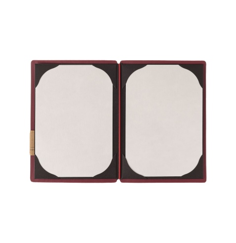 Porta Menu A5 (16,5x23,1 cm) etichetta PATCH "personalizzata" (minimo 18 pezzi) cornicetta (4 facciate) elastico rosso JUTA BORD