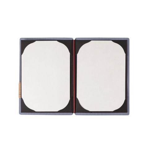 Porta Menu A5 (16,5x23,1 cm) etichetta PATCH "personalizzata" (minimo 18 pezzi) cornicetta (4 facciate) elastico rosso JUTA AVIO
