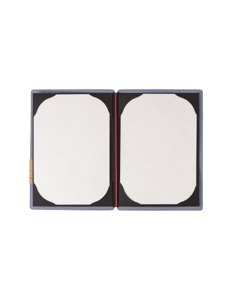 Porta Menu A5 (16,5x23,1 cm) etichetta PATCH "personalizzata" (minimo 18 pezzi) cornicetta (4 facciate) elastico rosso JUTA AVIO