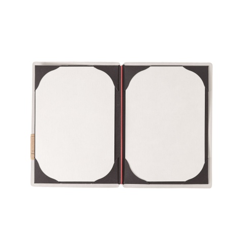 Porta Menu A5 (16,5x23,1 cm) etichetta PATCH "personalizzata" (minimo 18 pezzi) cornicetta (4 facciate) elastico rosso JUTA AVOR
