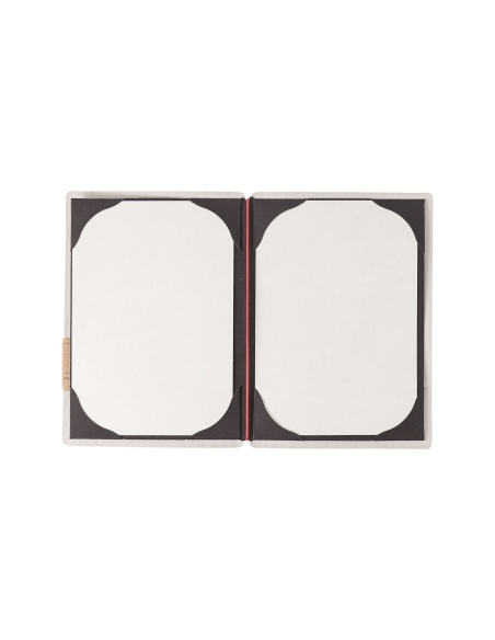 Porta Menu A5 (16,5x23,1 cm) etichetta PATCH "personalizzata" (minimo 18 pezzi) cornicetta (4 facciate) elastico rosso JUTA AVOR