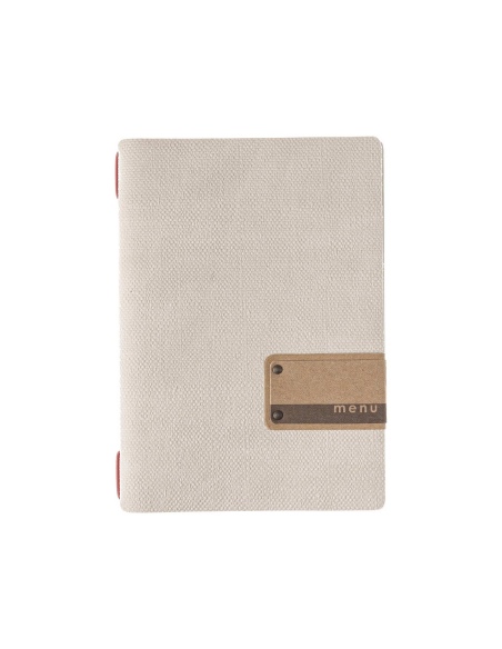 Porta Menu A5 (16,5x23,1 cm) etichetta PATCH "menu" cornicetta (4 facciate) elastico rosso JUTA AVORIO
