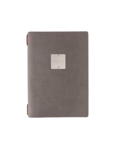 Porta Menu A5 (16,5x23,1 cm) etichetta METAL "personalizzata" (minimo 18 pezzi) cornicetta (4 facciate) elastico rosso JUTA GRIG