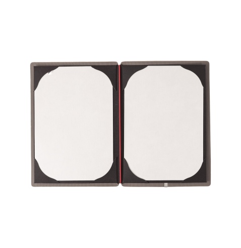 Porta Menu A5 (16,5x23,1 cm) etichetta METAL "personalizzata" (minimo 18 pezzi) cornicetta (4 facciate) elastico rosso JUTA GRIG