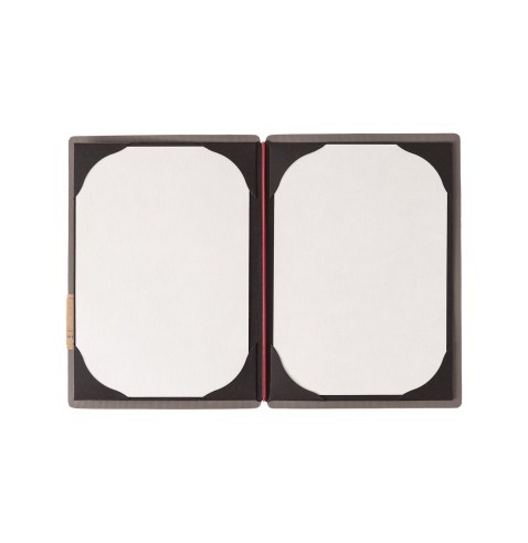 Porta Menu A5 (16,5x23,1 cm) etichetta PATCH "personalizzata" (minimo 18 pezzi) cornicetta (4 facciate) elastico rosso JUTA GRIG
