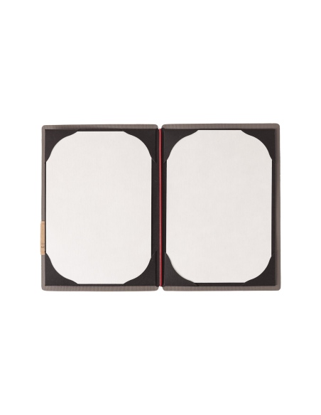 Porta Menu A5 (16,5x23,1 cm) etichetta PATCH "personalizzata" (minimo 18 pezzi) cornicetta (4 facciate) elastico rosso JUTA GRIG
