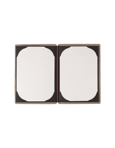 Porta Menu A5 (16,5x23,1 cm) etichetta PATCH "personalizzata" (minimo 18 pezzi) cornicetta (4 facciate) elastico rosso JUTA CAMM