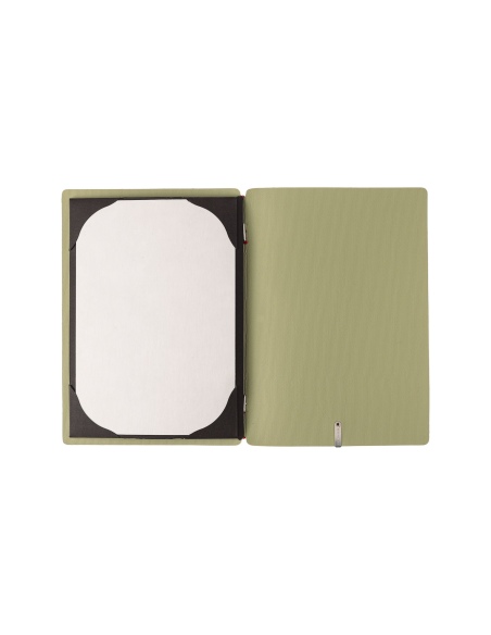 Porta Menu A5 (16,5x23,1 cm) etichetta METAL "personalizzata" (minimo 18 pezzi) cornicetta (4 facciate) elastico rosso JUTA SALV