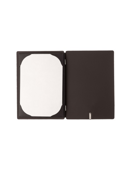 Porta Menu A5 (16,5x23,1 cm) etichetta METAL "menu" cornicetta (4 facciate) elastico nero SUGHERO MARRONE sp. 2.5