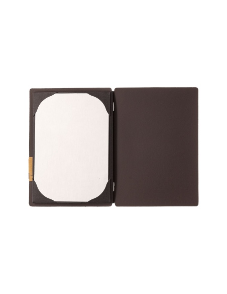 Porta Menu A5 (16,5x23,1 cm) etichetta PATCH "menu" cornicetta (4 facciate) elastico nero SUGHERO MARRONE sp. 2.5