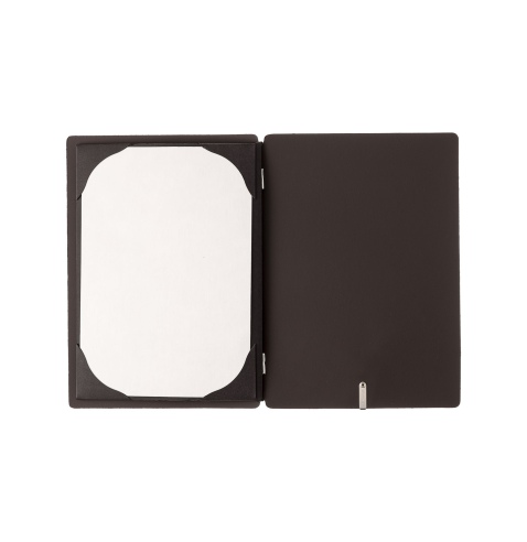Porta Menu A5 (16,5x23,1 cm) etichetta METAL "menu" cornicetta (4 facciate) elastico nero SUGHERO NERO sp. 2.5