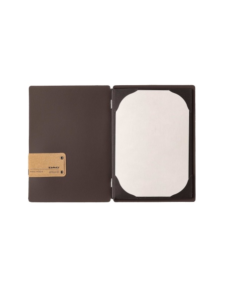 Porta Menu A5 (16,5x23,1 cm) etichetta PATCH "personalizzata" (minimo 18 pezzi) cornicetta (4 facciate) elastico nero SUGHERO NE