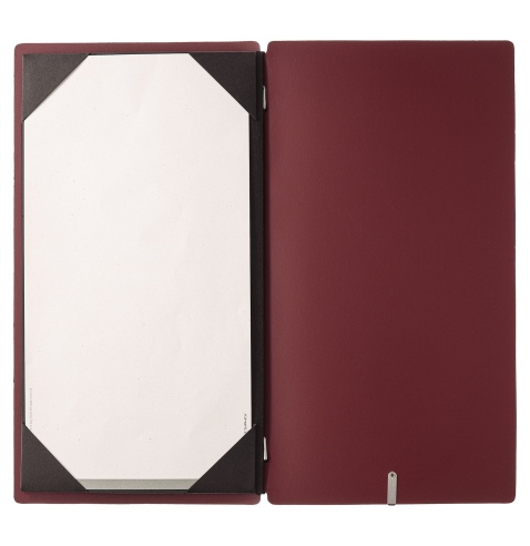 Porta Menu A4 SLIM (17,4x31,8 cm) etichetta METAL "menu" cornicetta (4 facciate) elastico nero CHEF BORDEAUX