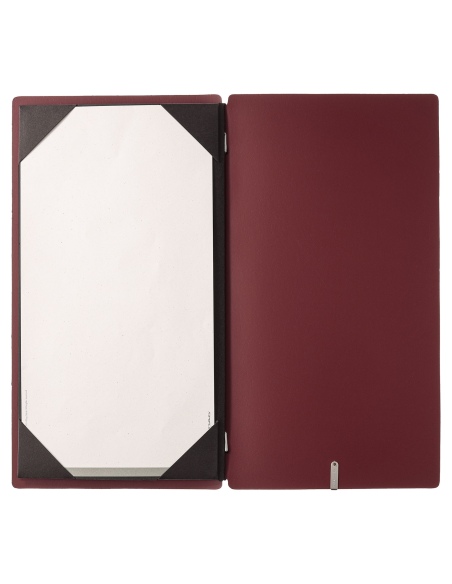 Porta Menu A4 SLIM (17,4x31,8 cm) etichetta METAL "menu" cornicetta (4 facciate) elastico nero CHEF BORDEAUX