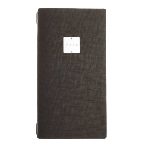 Porta Menu A4 SLIM (17,4x31,8 cm) etichetta METAL "personalizzata" (minimo 18 pezzi) cornicetta (4 facciate) elastico nero CHEF 