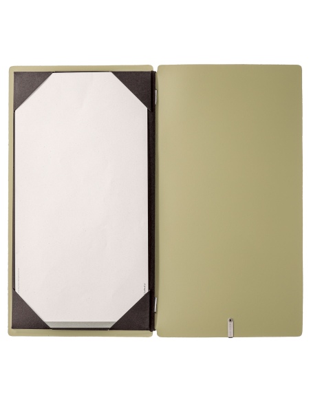 Porta Menu A4 SLIM (17,4x31,8 cm) etichetta METAL "menu" cornicetta (4 facciate) elastico nero CHEF SALVIA