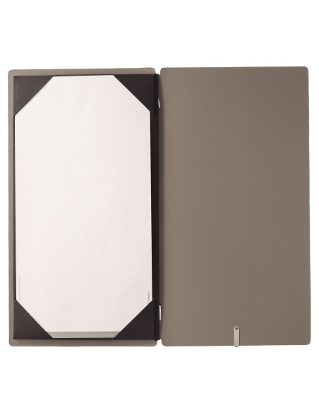 Porta Menu A4 SLIM (17,4x31,8 cm) etichetta METAL "menu" cornicetta (4 facciate) elastico nero CHEF TORTORA