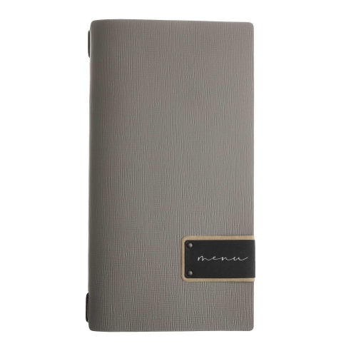 Porta Menu A4 SLIM (17,4x31,8 cm) etichetta PATCH "menu" cornicetta (4 facciate) elastico nero CHEF TORTORA