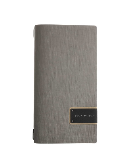 Porta Menu A4 SLIM (17,4x31,8 cm) etichetta PATCH "menu" cornicetta (4 facciate) elastico nero CHEF TORTORA