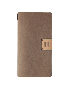 Porta Menu A4 SLIM (17,4x31,8 cm) etichetta PATCH "menu" cornicetta (4 facciate) elastico nero ECOMENU MARRONE sp. 0.6