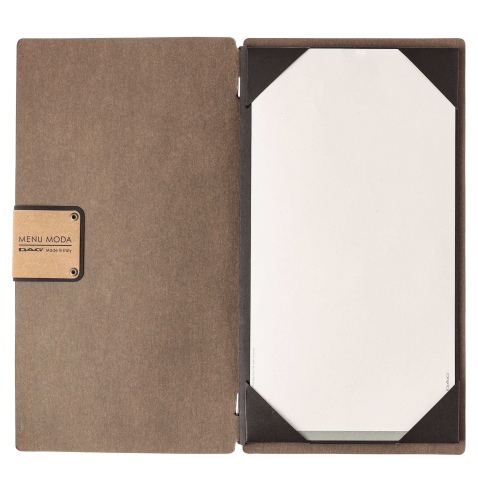 Porta Menu A4 SLIM (17,4x31,8 cm) etichetta PATCH "menu" cornicetta (4 facciate) elastico nero ECOMENU MARRONE sp. 0.6