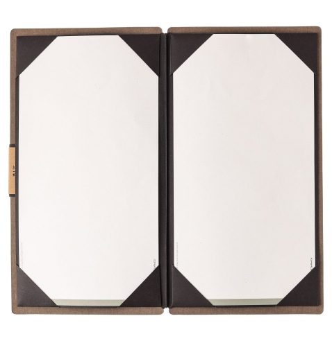 Porta Menu A4 SLIM (17,4x31,8 cm) etichetta PATCH "menu" cornicetta (4 facciate) elastico nero ECOMENU MARRONE sp. 0.6