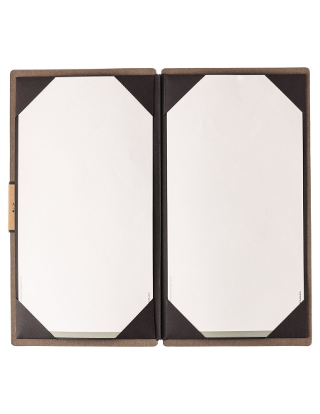 Porta Menu A4 SLIM (17,4x31,8 cm) etichetta PATCH "menu" cornicetta (4 facciate) elastico nero ECOMENU MARRONE sp. 0.6