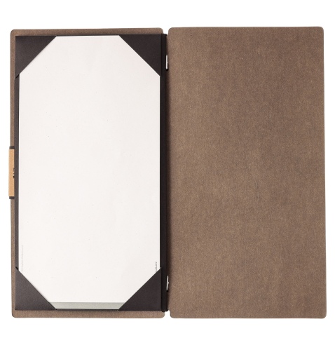 Porta Menu A4 SLIM (17,4x31,8 cm) etichetta PATCH "menu" cornicetta (4 facciate) elastico nero ECOMENU MARRONE sp. 0.6