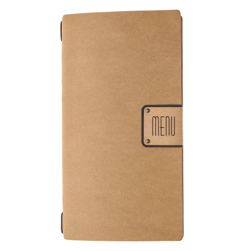 Porta Menu A4 SLIM (17,4x31,8 cm) etichetta PATCH "personalizzata" (minimo 18 pezzi) cornicetta (4 facciate) elastico nero ECOME