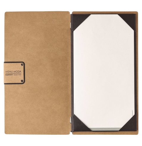 Porta Menu A4 SLIM (17,4x31,8 cm) etichetta PATCH "menu" cornicetta (4 facciate) elastico nero ECOMENU NATURALE sp. 0.6