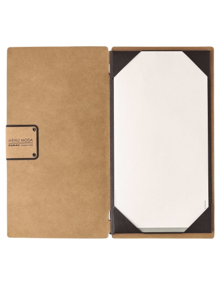 Porta Menu A4 SLIM (17,4x31,8 cm) etichetta PATCH "menu" cornicetta (4 facciate) elastico nero ECOMENU NATURALE sp. 0.6