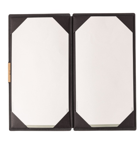 Porta Menu A4 SLIM (17,4x31,8 cm) etichetta PATCH "personalizzata" (minimo 18 pezzi) cornicetta (4 facciate) elastico nero ECOME