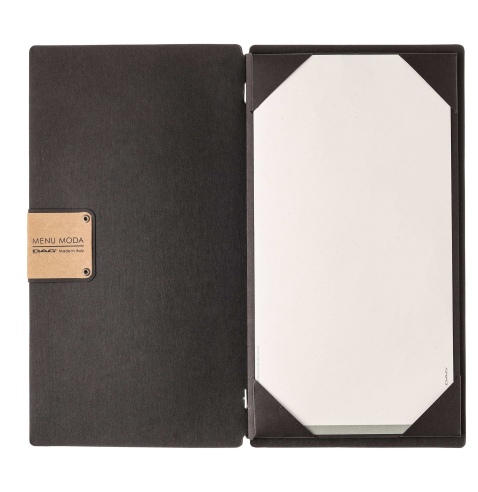 Porta Menu A4 SLIM (17,4x31,8 cm) etichetta PATCH "menu" cornicetta (4 facciate) elastico nero ECOMENU NERO sp. 0.6