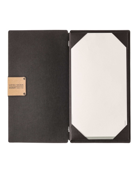 Porta Menu A4 SLIM (17,4x31,8 cm) etichetta PATCH "menu" cornicetta (4 facciate) elastico nero ECOMENU NERO sp. 0.6