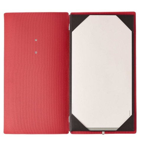 Porta Menu A4 SLIM (17,4x31,8 cm) etichetta METAL "menu" cornicetta (4 facciate) elastico rosso JUTA BICOLOR