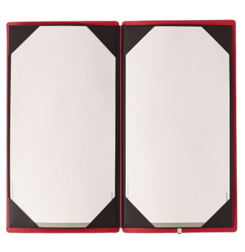 Porta Menu A4 SLIM (17,4x31,8 cm) etichetta METAL "menu" cornicetta (4 facciate) elastico rosso JUTA BICOLOR