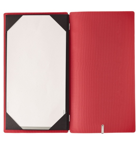 Porta Menu A4 SLIM (17,4x31,8 cm) etichetta METAL "menu" cornicetta (4 facciate) elastico rosso JUTA BICOLOR