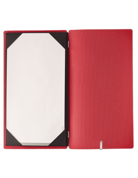 Porta Menu A4 SLIM (17,4x31,8 cm) etichetta METAL "menu" cornicetta (4 facciate) elastico rosso JUTA BICOLOR