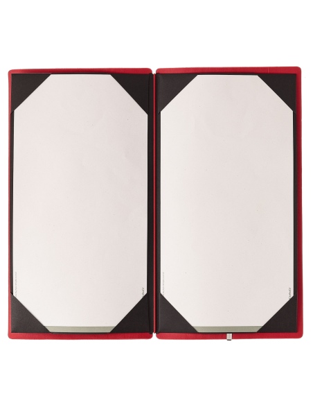 Porta Menu A4 SLIM (17,4x31,8 cm) etichetta METAL "personalizzata" (minimo 18 pezzi) cornicetta (4 facciate) elastico rosso JUTA