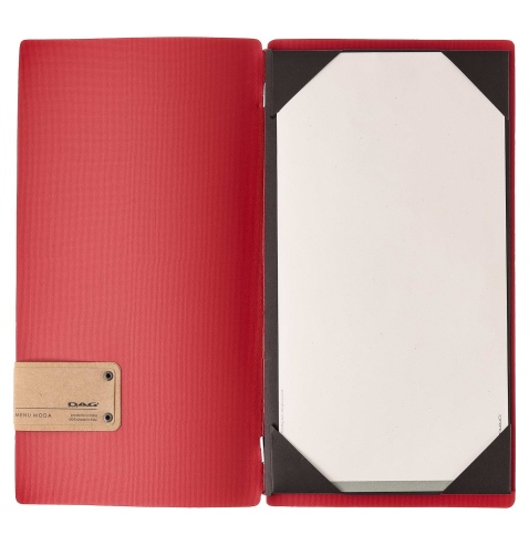 Porta Menu A4 SLIM (17,4x31,8 cm) etichetta PATCH "personalizzata" (minimo 18 pezzi) cornicetta (4 facciate) elastico rosso JUTA