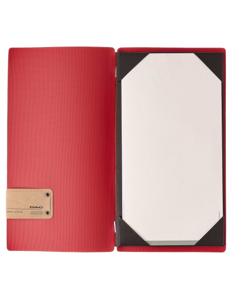 Porta Menu A4 SLIM (17,4x31,8 cm) etichetta PATCH "personalizzata" (minimo 18 pezzi) cornicetta (4 facciate) elastico rosso JUTA