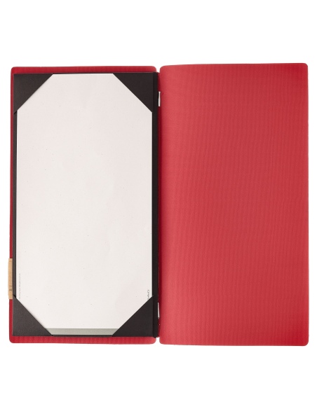 Porta Menu A4 SLIM (17,4x31,8 cm) etichetta PATCH "personalizzata" (minimo 18 pezzi) cornicetta (4 facciate) elastico rosso JUTA