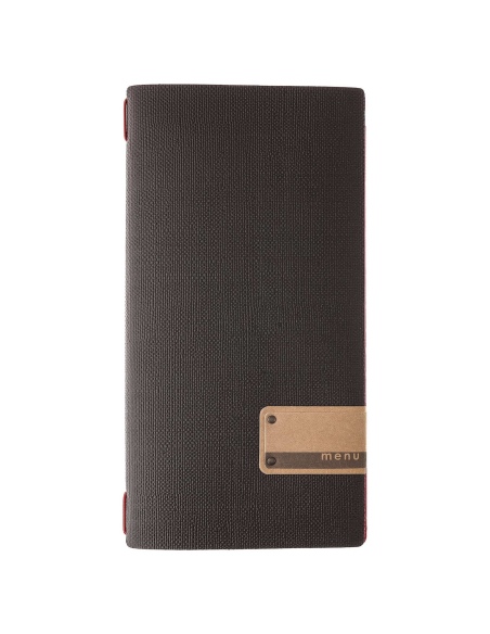 Porta Menu A4 SLIM (17,4x31,8 cm) etichetta PATCH "menu" cornicetta (4 facciate) elastico rosso JUTA BICOLOR