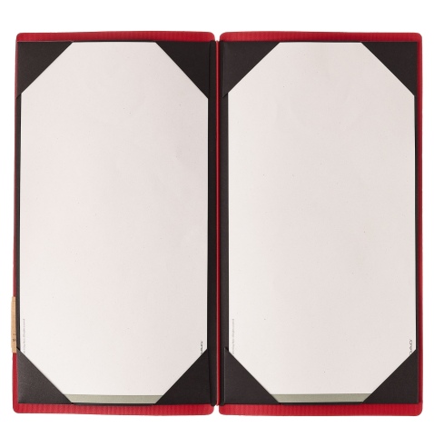 Porta Menu A4 SLIM (17,4x31,8 cm) etichetta PATCH "menu" cornicetta (4 facciate) elastico rosso JUTA BICOLOR